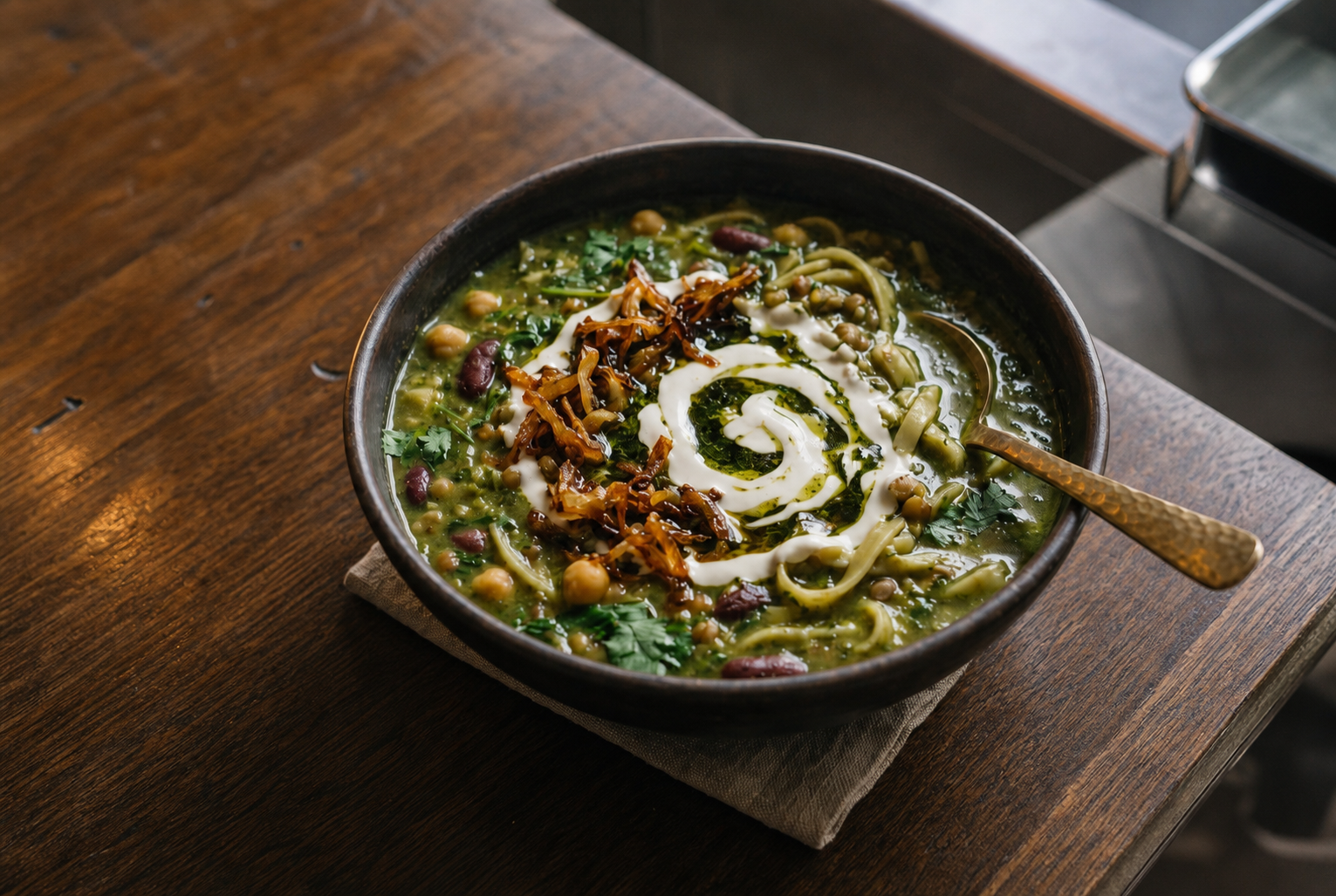 Ash reshteh noodle soup topped with kashk and crispy fried onions