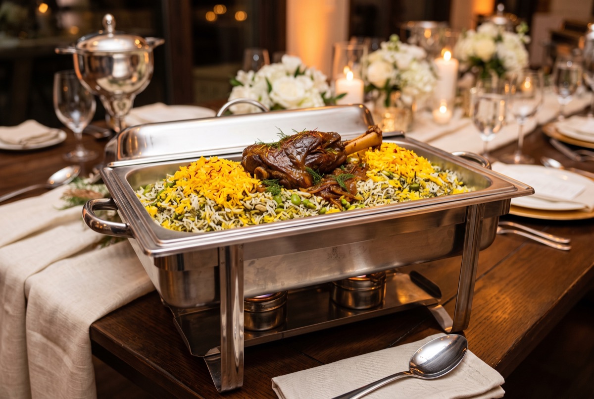 Catering chafing dish of baghali polo crowned with saffron rice and a braised lamb shank