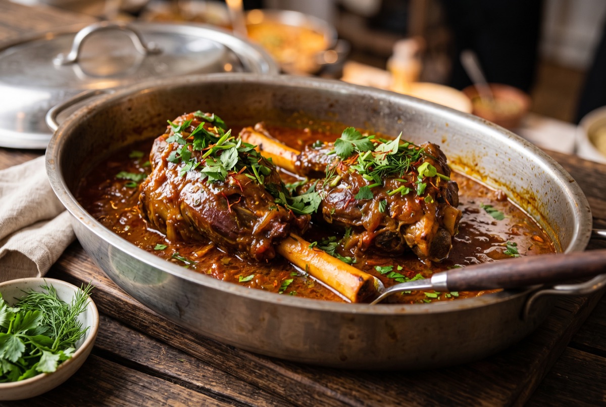 Braised lamb shanks in saffron-tomato sauce in an oval catering dish