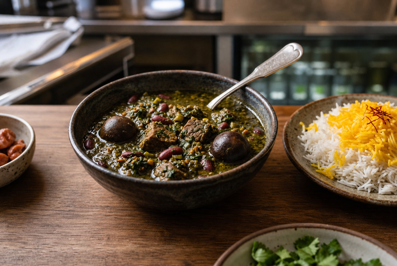 Ghormeh sabzi herb stew with dried limes beside saffron rice