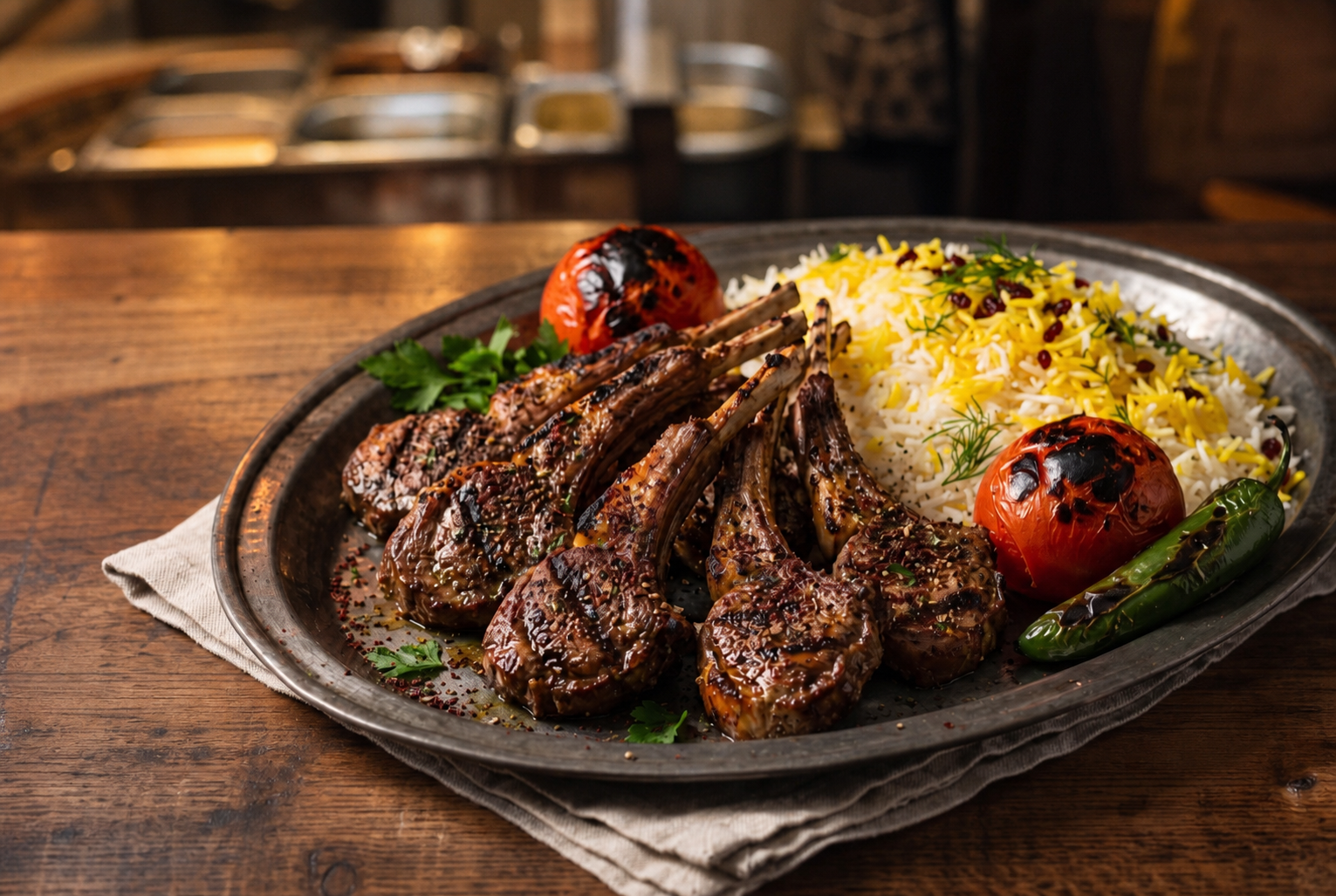 Charcoal-grilled lamb chops with fire-roasted tomato and saffron rice