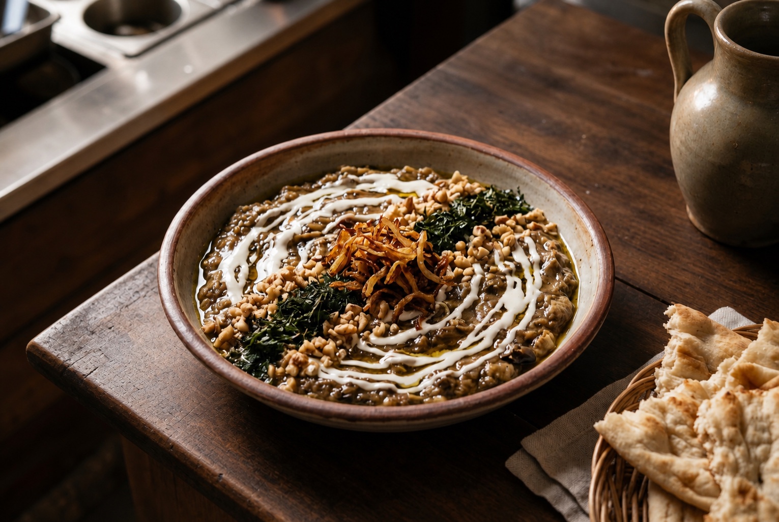 Kashk e bademjan eggplant dip with fried onion, herbs, and flatbread