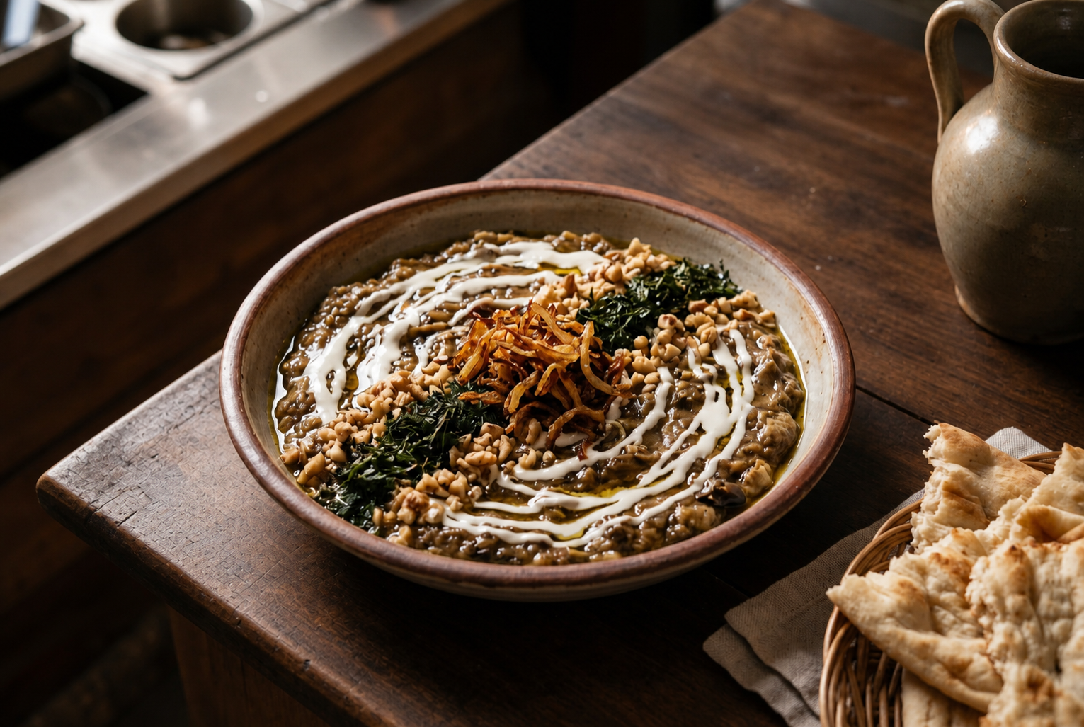 Kashk e bademjan eggplant dip with fried onion, herbs, and flatbread