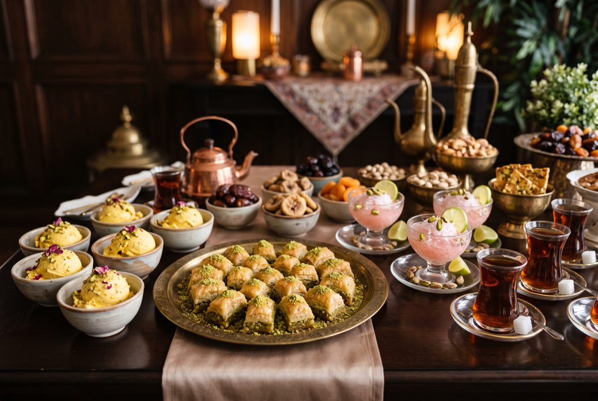 Persian dessert table with pistachio baklava, saffron ice cream, faloodeh, and black tea