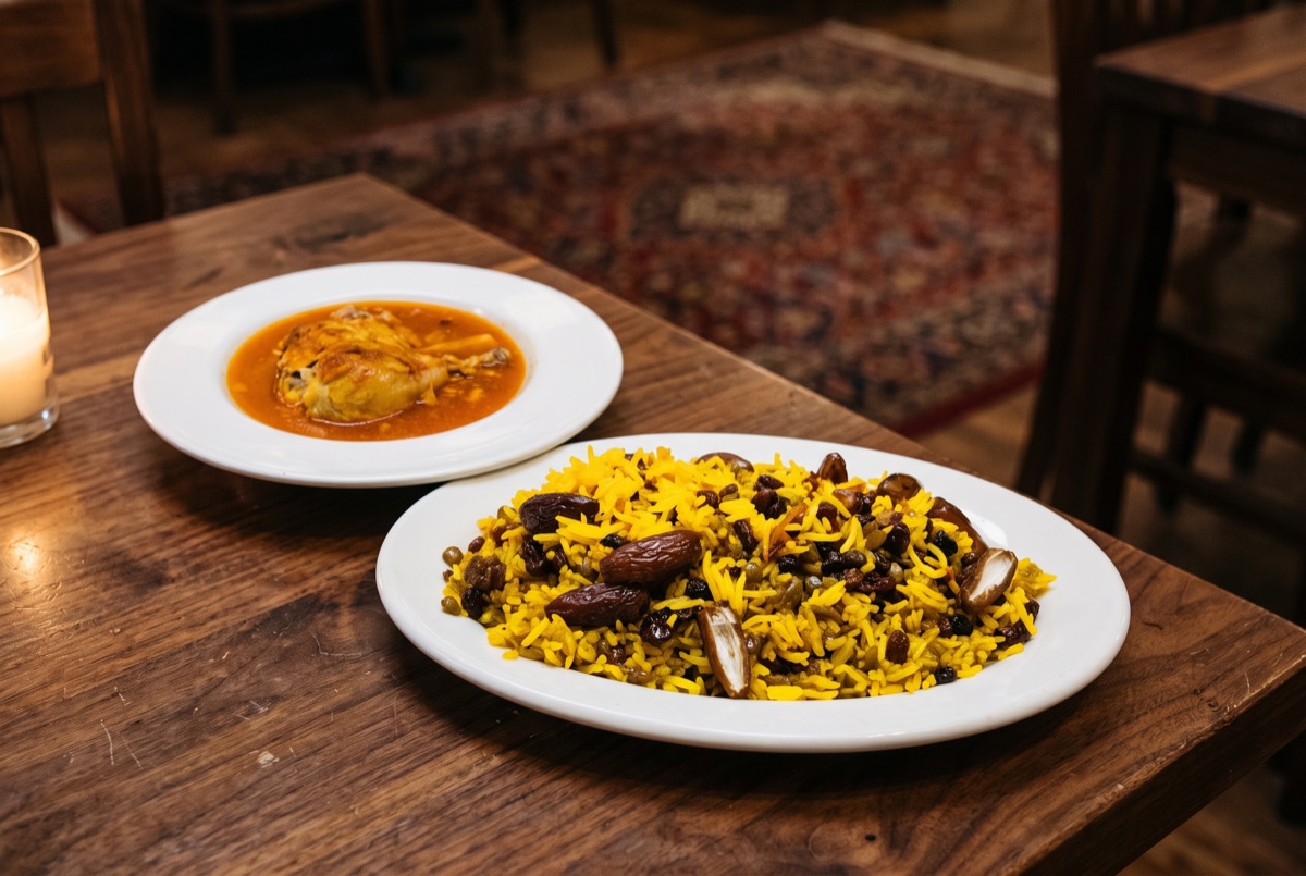 Adas Polo + Chicken · Steamed basmati rice, lentils, caramelized onion, raisins, and dates served with juicy marinated chicken.