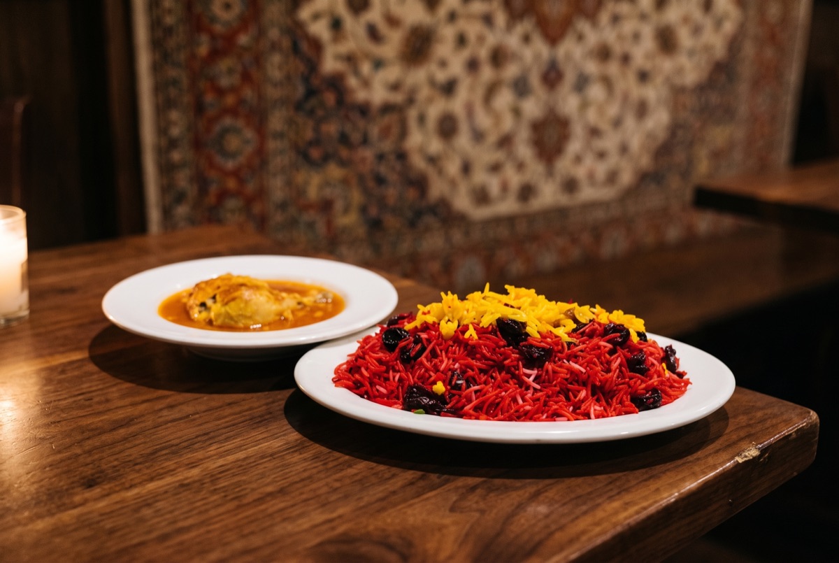 Albalu Polo + Chicken · Steamed Basmati rice and sour cherries served with juicy marinated chicken .