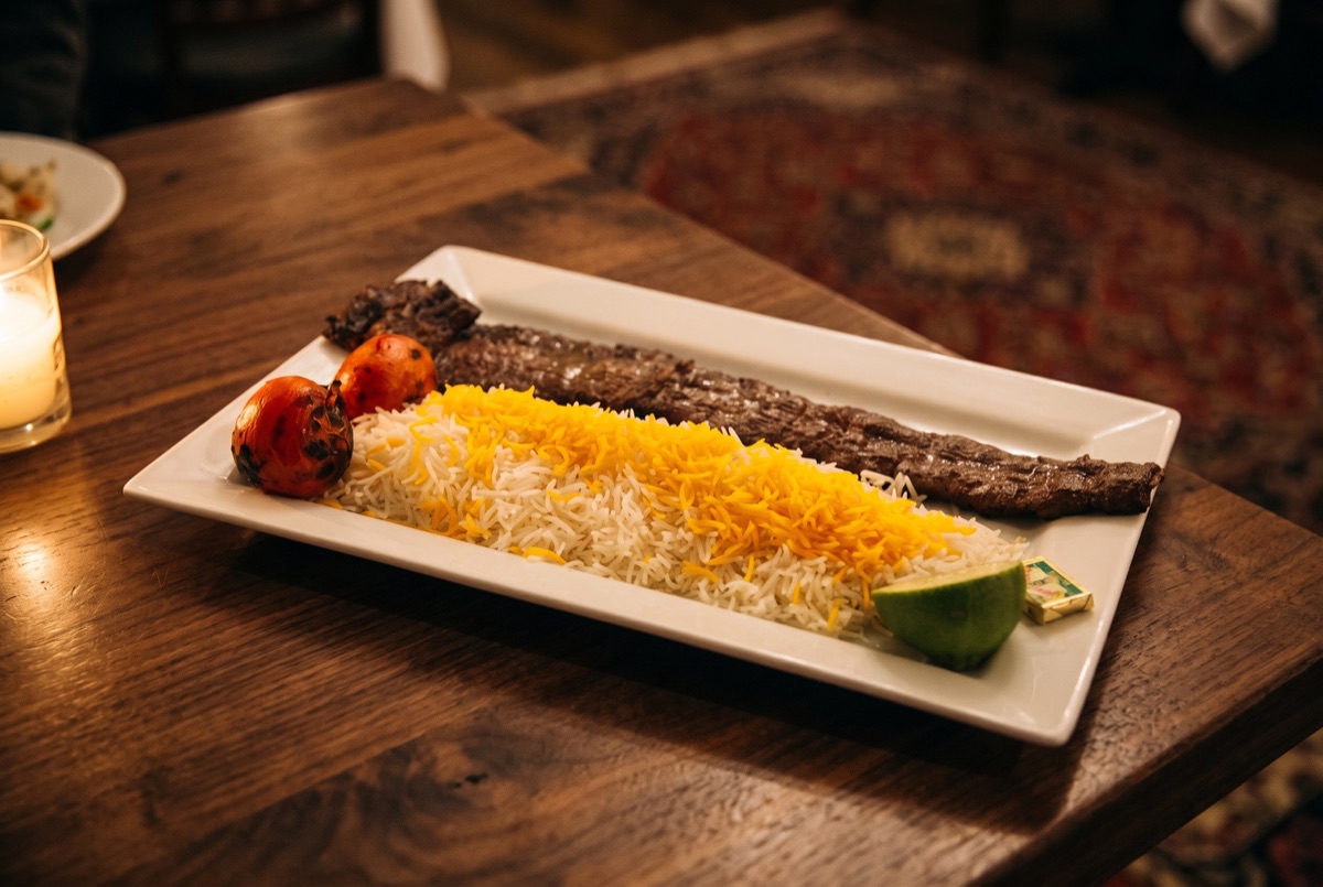 Beef Barg Kebab · Thin strips of filet mignon marinated in saffron, onion, and lime, then charcoal-grilled over open flame for…