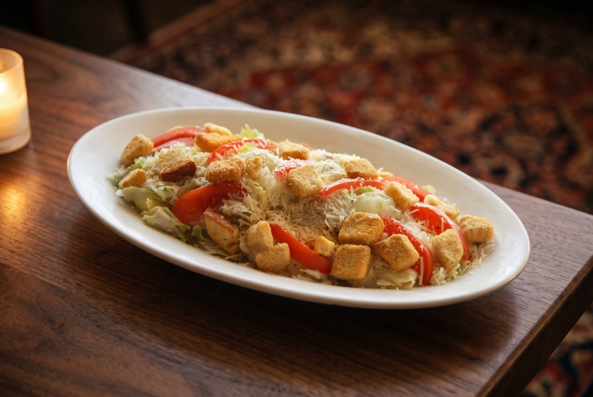 Caesar Salad · Crisp romaine tossed in classic Caesar dressing, finished with shaved parmesan and crunchy croutons for a…