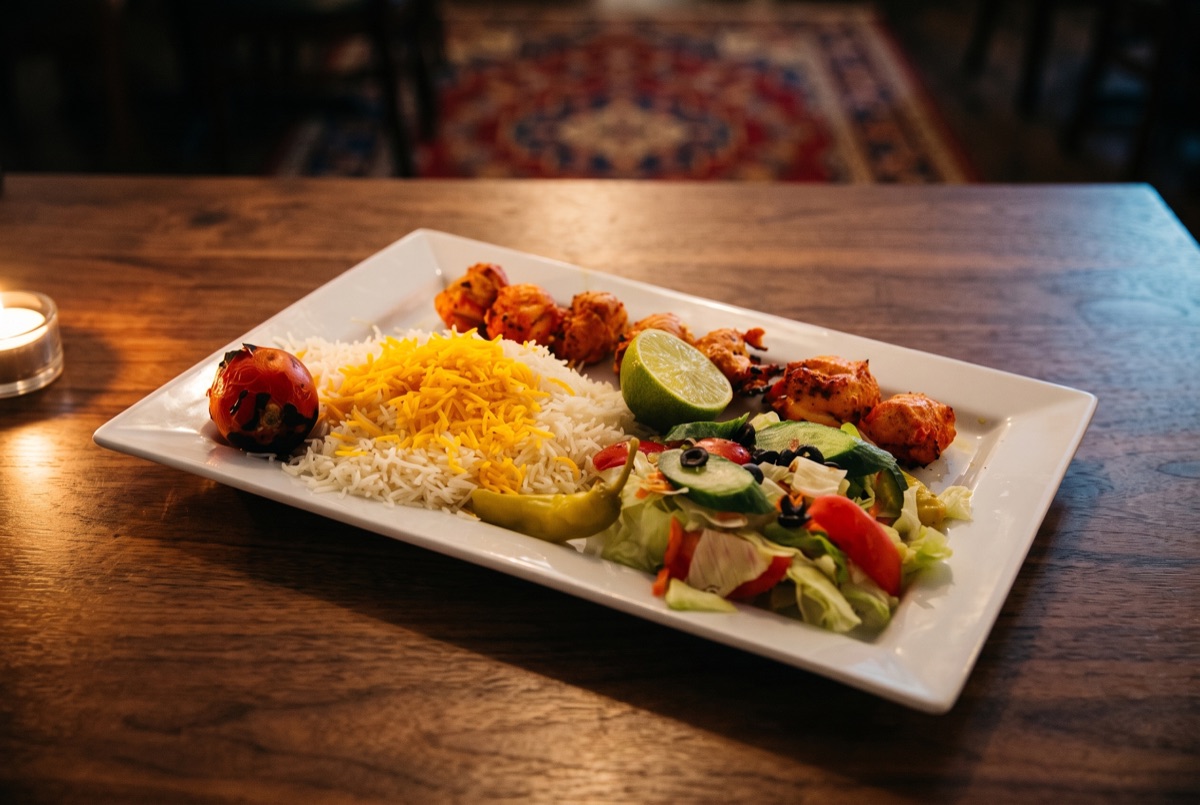 Chicken Boneless Kebab · Delicious marinated charbroiled boneless chicken tender and a side of basmati rice.