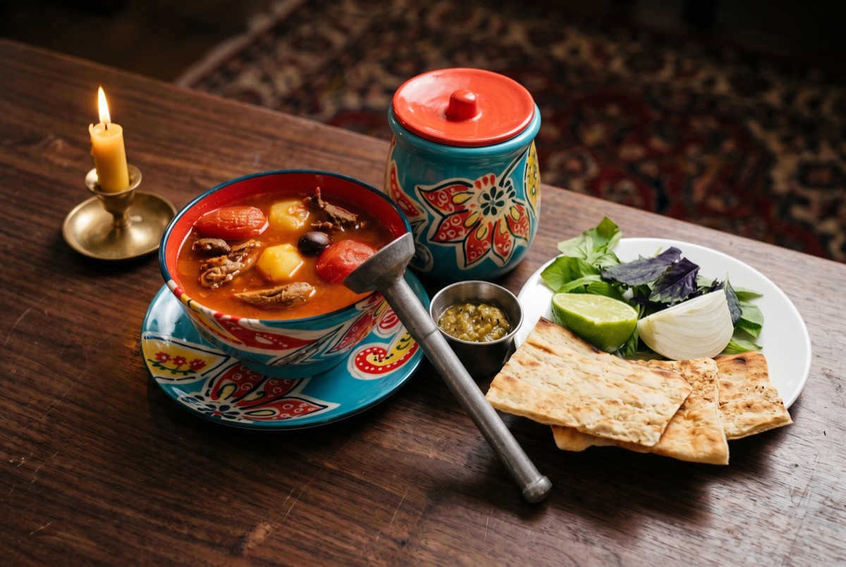 Dizi · Lamb, chickpeas, and potatoes slow-simmered for hours in a stone crock, strained for broth, then mashed and scooped…