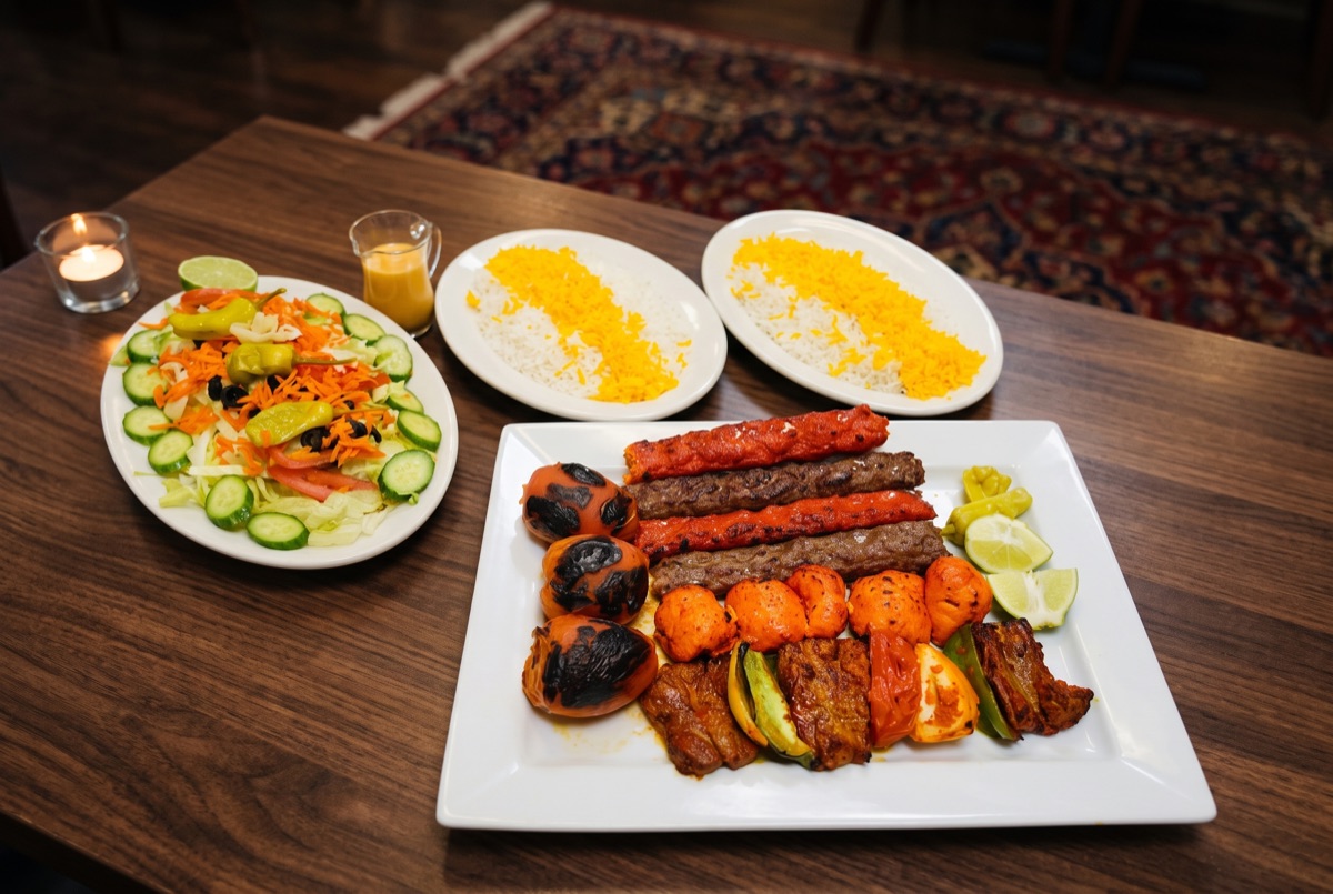 Family Kebab Plate · The table-filler: skewers of charcoal-grilled beef koobideh, marinated chicken tender, and beef shish…