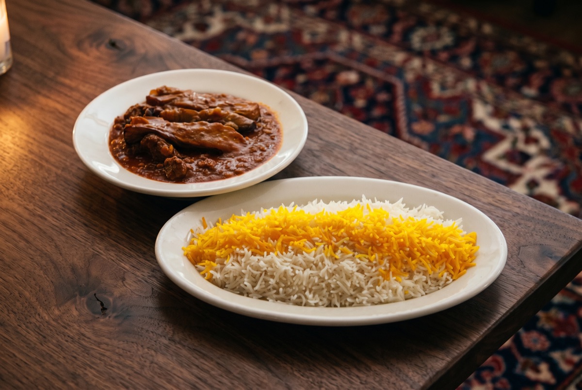 Gheymeh Bademjan · Fried eggplant and split peas slow-simmered in a saffron-tomato sauce with dried lime, a classic Persian…