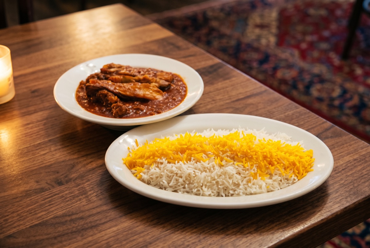 Vegetarian Gheymeh Bademjoon · Yellow split peas stew with string fries, fried skinned eggplant and a side of basmati rice.…
