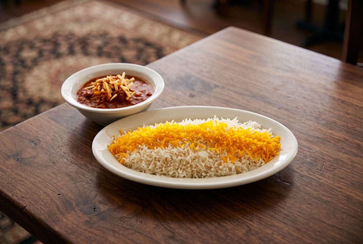 Gheymeh · Persian split pea stew slow-simmered in saffron-tomato sauce with dried lime, traditionally topped with crisp golden…