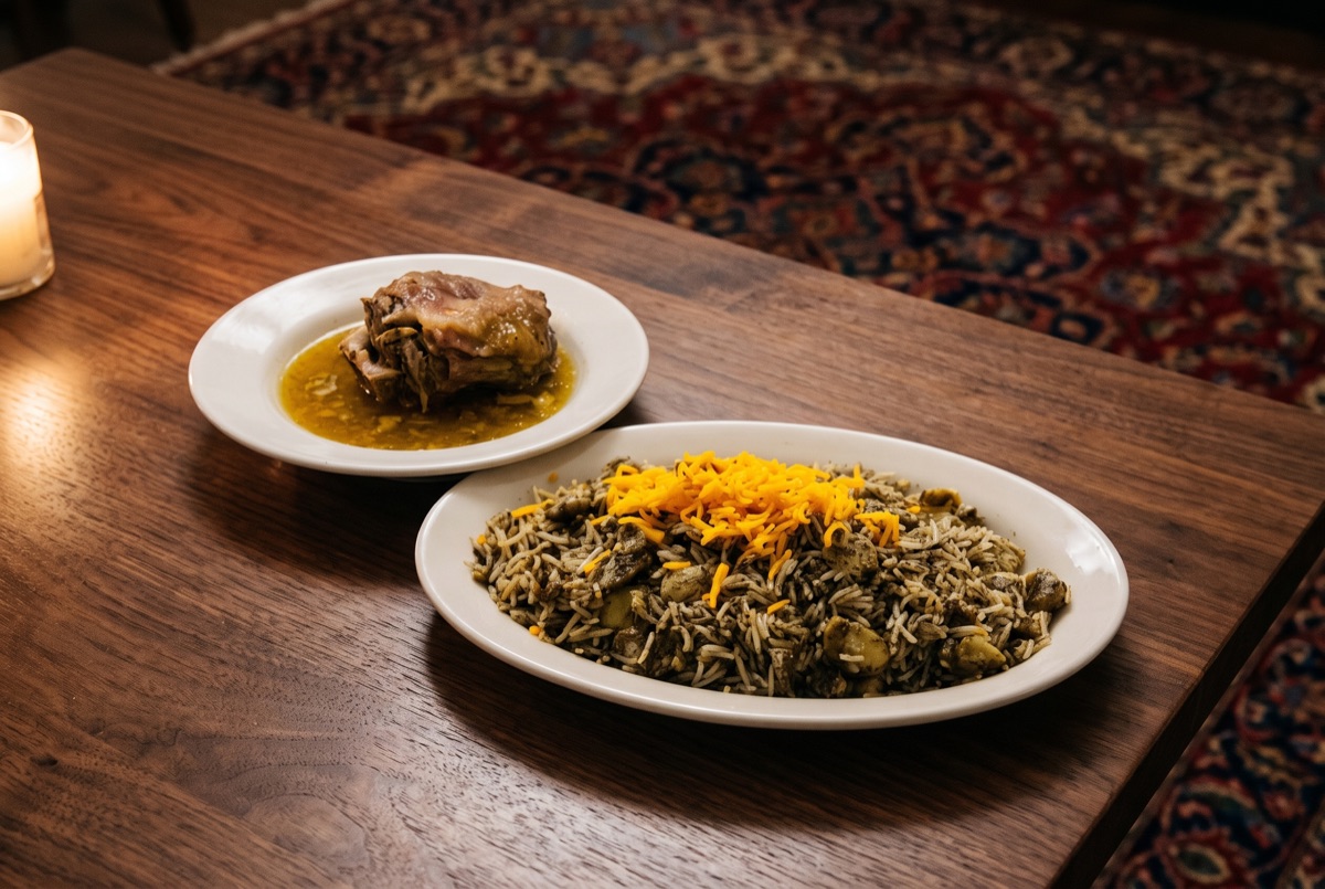 Lamb Neck + Baghalipolo · Slow cooked with onions, salted black pepper served with baghali polo.