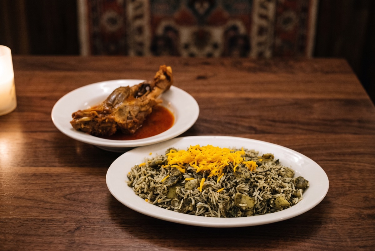 Lamb Shank + Baghalipolo · Slow cooked with tomato paste and onions, salt black pepper served with baghali polo.