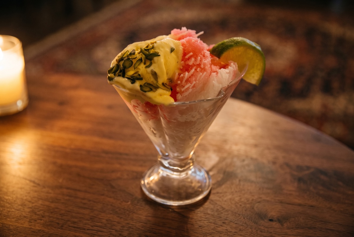 Makhloot (Mixed) · A duo plate pairing rose-scented faloodeh, thin frozen noodles in sweet syrup, with saffron pistachio ice…