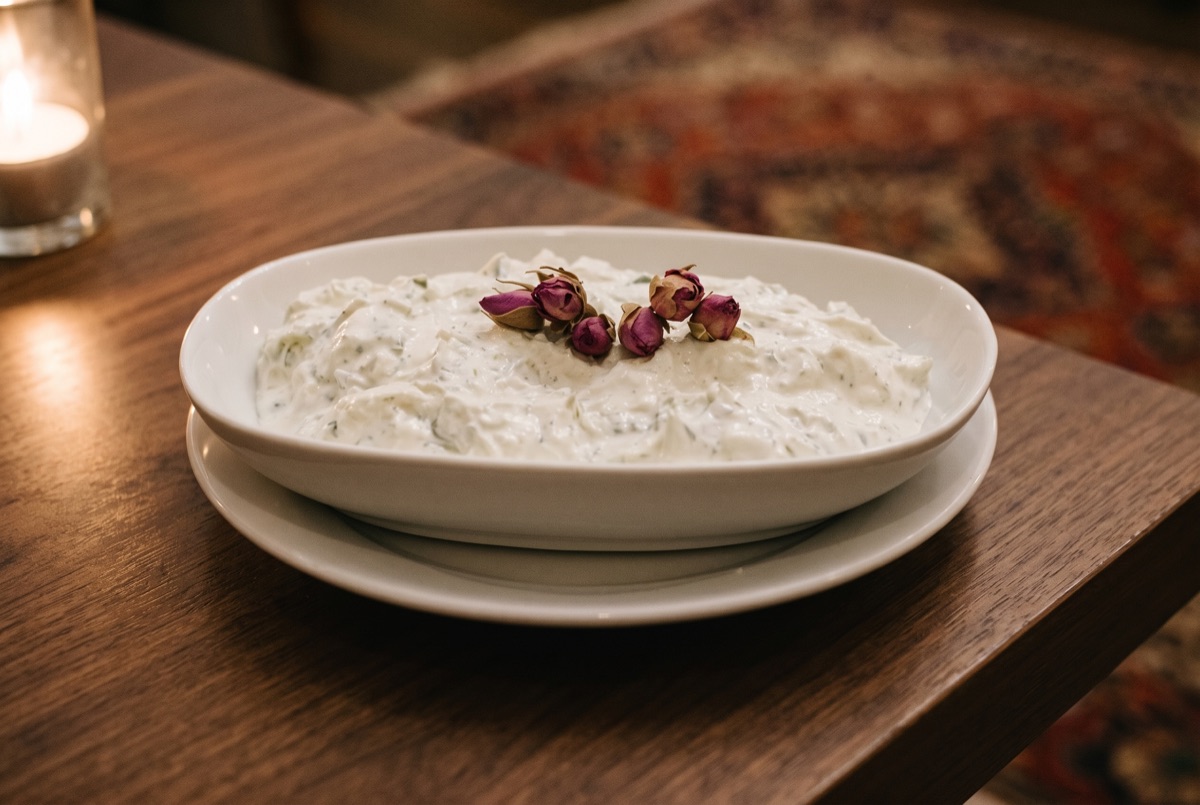 Mast o Khiyar · Creamy yogurt mixed with diced cucumber, fresh mint, and dried rose petals, a cool, refreshing side served…