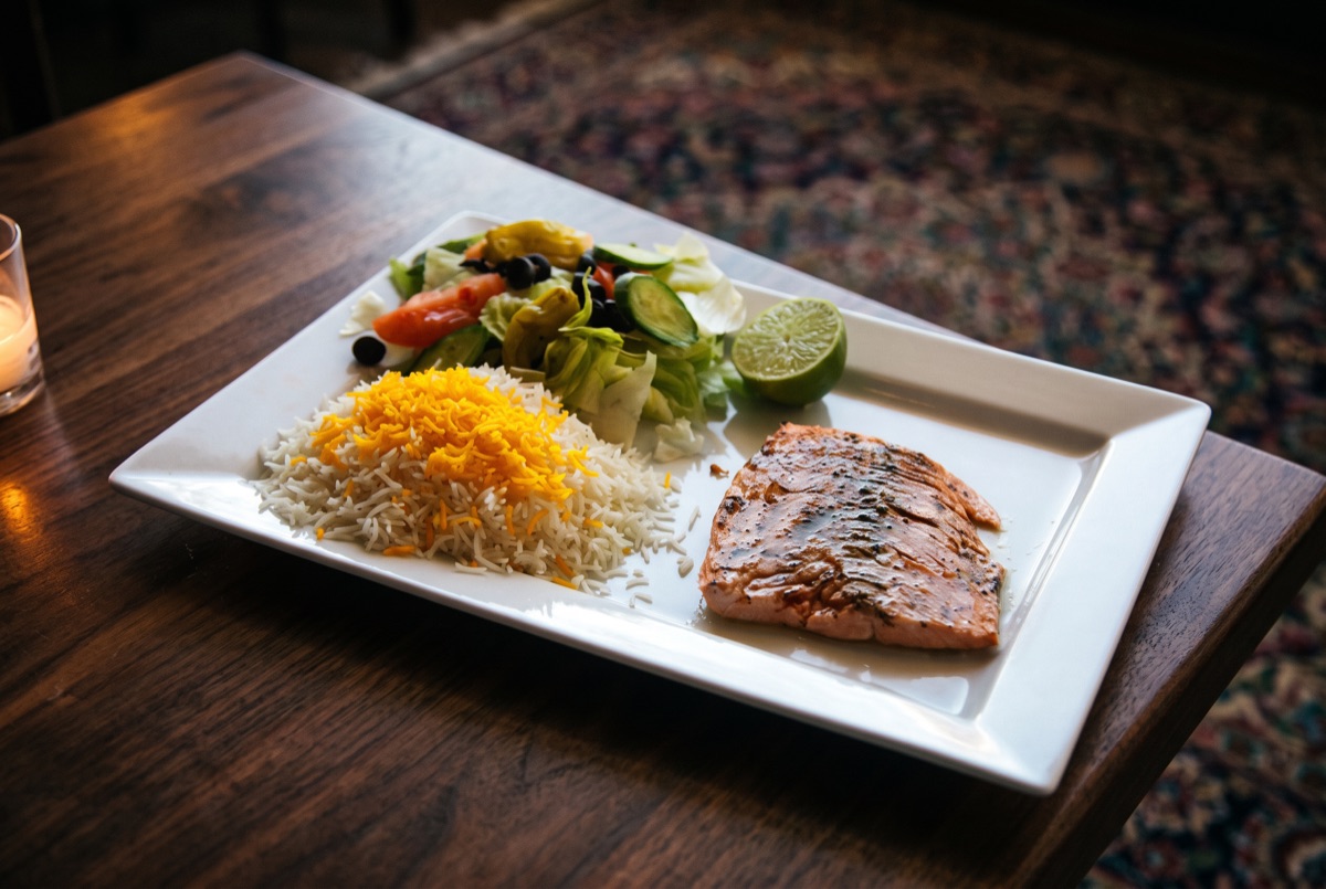 Salmon Fish Kebab · Salmon fillets marinated and skewered, then charcoal-grilled to a smoky char while staying tender and…