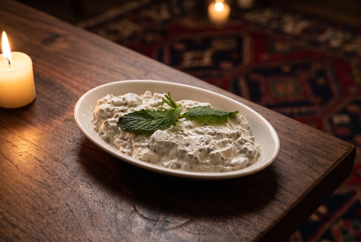 Small Mast-o-Khiyar · Chilled yogurt whisked with diced cucumber, dried mint, and a hint of rose, a cooling Persian side that…