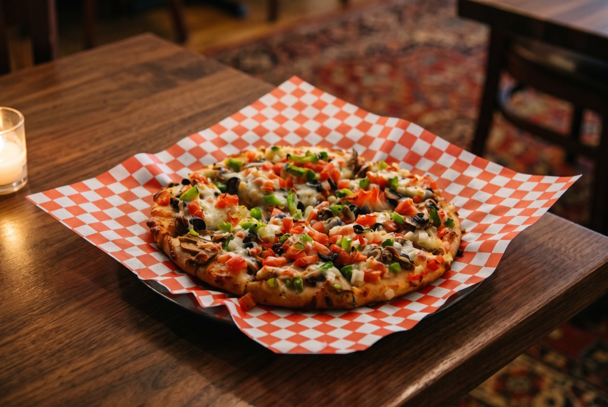 Vegetarian Pizza · Mushroom, bell Pepper, Cheese, Tomato, Oregano, Parsley, Onion
