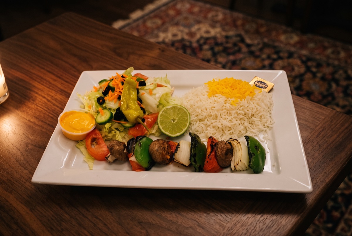 Veggie Kebab · Bell peppers, onions, tomatoes, and mushrooms skewered whole and charcoal-grilled until smoky-charred and…